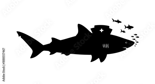 Silhouette of a Shark Wearing a Nurse's Hat Accompanied by Smaller Fish Depicting Ocean Health