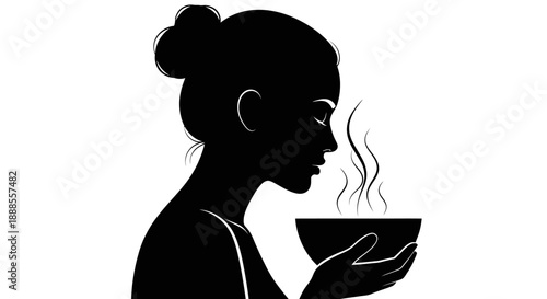 Silhouette of a woman enjoying aromatherapy steam or hot tea with calming aroma therapy