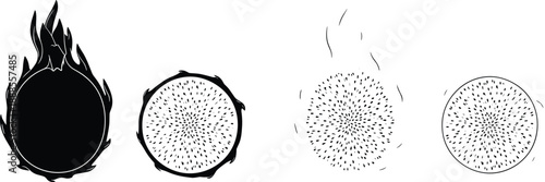 Dragon fruit illustration sequence, realistic to abstract transformation, tropical fruit stylization, cad drawing flat vector artwork, black and white theme