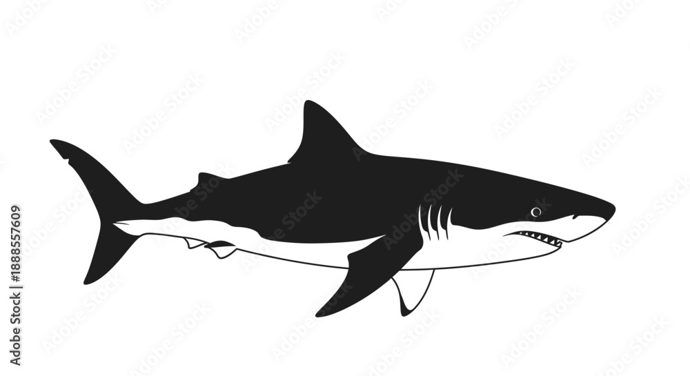 Obraz premium Graphic illustration of a black and white shark swimming in the ocean water graphic