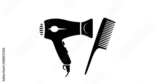 Hair dryer and comb illustration emphasizing hair styling tools on white background