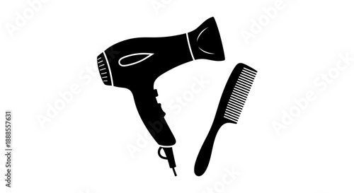 Minimalist Hair Care Set: Hair Dryer and Comb in Black Silhouette over White Background