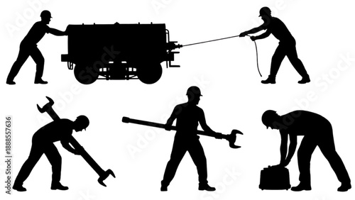 Silhouettes of workers pulling and holding heavy equipment