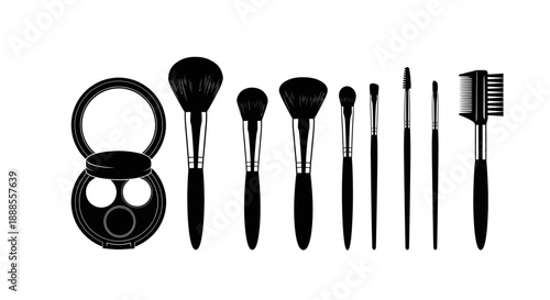 Elegant monochromatic makeup brush set against a crisp white background aesthetic design