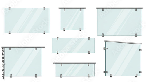 Collection of modern clear glass railings and transparent barriers for balconies and stairs