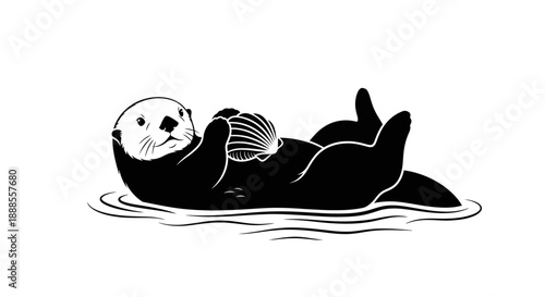 Sea otter holding seashell in monochrome detailed design isolated on white background