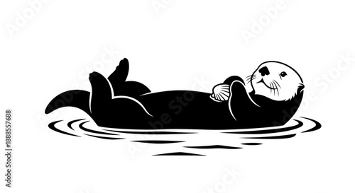 Black and white vector graphic illustration of a sea otter floating on its back in water with a