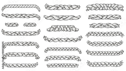 Variety of intricate braided and woven decorative elements for borders and design accents