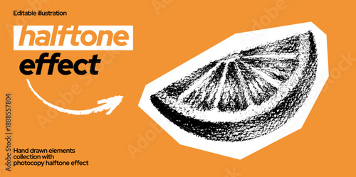 Lemon halftone collage. Lime fruit scrapbook on orange bg. Grapefruit, lemon, lime fruit in y2k photocopy retro style. Lemonade diary cutout element. Peel and cut citrus food slice collage. Dotted art