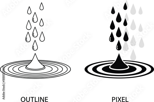 Water splash icon illustration set, outline and pixel styles with ripple and droplet effects, cad drawing flat vector artwork, black and white