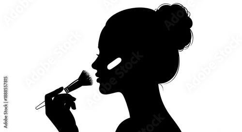Elegant woman silhouette applying makeup with brush for beauty and skincare routine