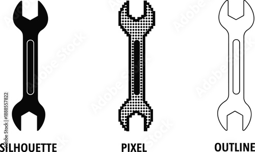 Wrench icon illustration set, silhouette, pixel, and outline styles, mechanical tool graphic, cad drawing flat vector artwork, black and white