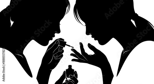 Silhouette illustration of two women doing manicure and painting nails at home
