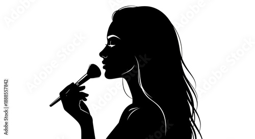 Elegant silhouette of a woman applying makeup with brush in monochromatic style