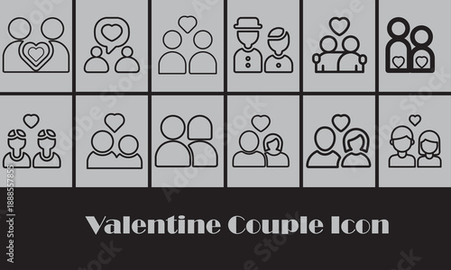 Love and connection icon set collection, romantic couple minimal flat vector icon set, black color and white background.