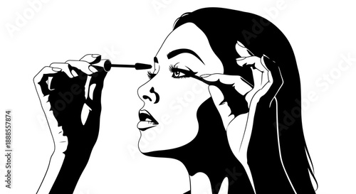 Elegant black and white illustration of a woman applying mascara in a makeup routine