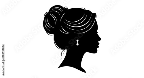 Elegant woman's silhouette with stylish updo hairstyle and earring vector design