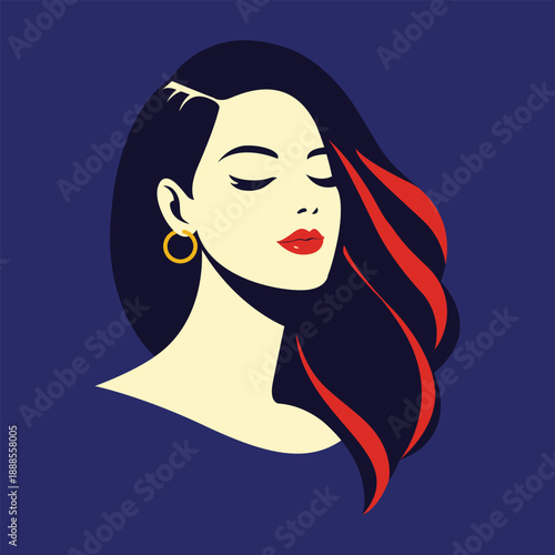 Minimal flat vector illustration of an elegant woman portrait with flowing hair. Stylish female face design suitable for beauty, fashion, lifestyle, and modern branding visuals.