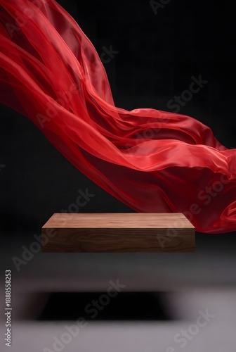 Elegant Wooden Podium for Product Display with Flowing Red Fabric Against a Dark Background