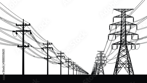 Electric power transmission lines and utility poles silhouette, high voltage electricity infrastructure, industrial energy distribution concept, modern grid 