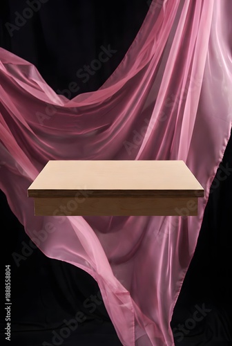 Elegant Floating Podium with Soft Pink Fabric Draping, Minimalist Rectangular Display Stand for Luxurious Product Presentation on a Dark Background
