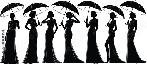 Elegant black silhouette vector illustration set of graceful women wearing long evening gowns and holding umbrellas in various artistic poses isolated on 