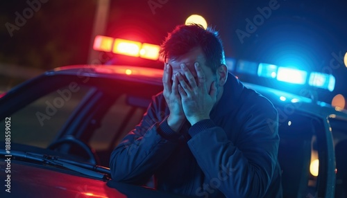 Man covers face in despair next to police car with flashing lights at night. Caught driving under influence after incident. Feels regret, shame, and consequences of illegal action.