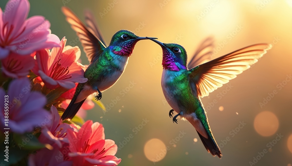 Naklejka premium Two tiny hummingbirds hover near pink azalea flowers, their iridescent feathers shimmering. One bird feeds from nectar, beak touching another bird gently. Golden sunlight illuminates delicate wings.
