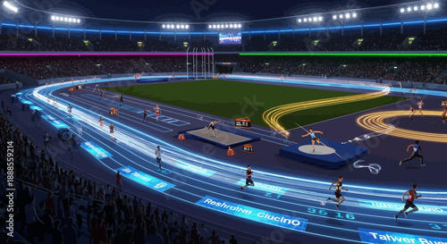 Dynamic athletes competing in modern illuminated stadium at night