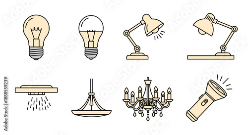 Electric Lighting and Modern Lamp Icon Set