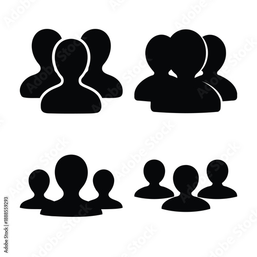 Group of black silhouette person icons representing user profiles and social networks