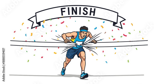 Man crossing finish line with burst of speed and colorful confetti