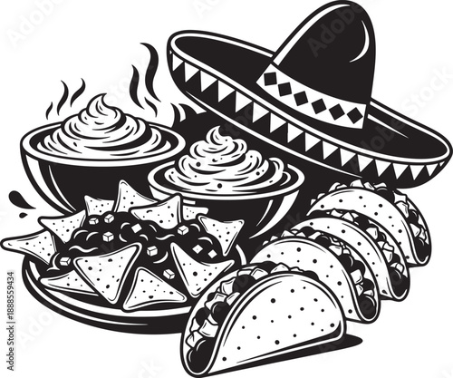 Traditional mexican food fiesta with sombrero Vector