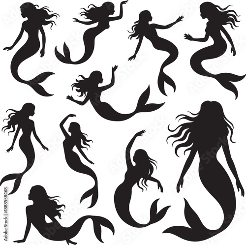 set of black silhouette mermaids in different poses on white background