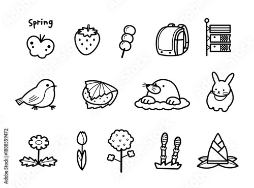 春の植物と動物の線画アイコンセット