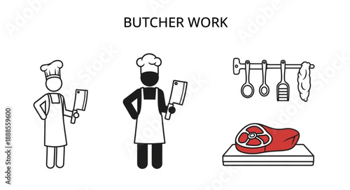 Butcher Work Icons Representing Meat Cutting and Preparation.