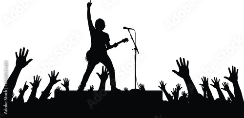 Energetic Rock Musician Silhouette Playing Electric Guitar on Stage at Live Music Concert with Cheering Fans and Crowd Hands Raised Isolated on White Background