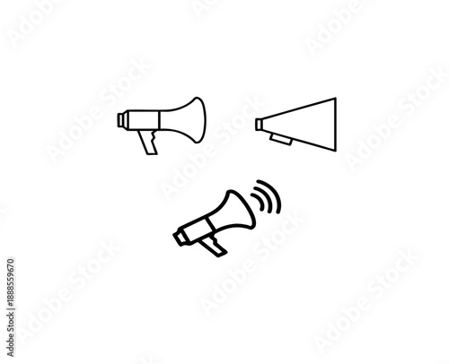 Megaphone line art icons set with shouting bullhorn and amplifier speaker outlines in black and white