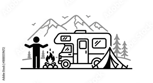 Campervan camping adventure in the mountains with tent and campfire.