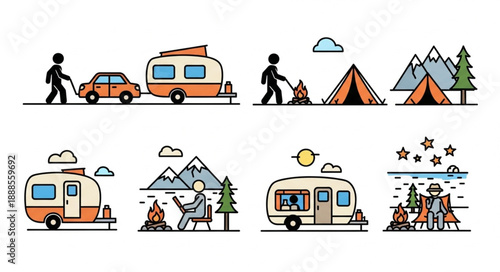 Camping and caravanning illustrations set.