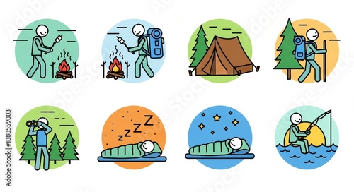 Camping and Outdoor Activities Icon Set.