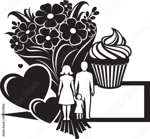 Family love celebration silhouette with floral bouquet and cupcake Vector