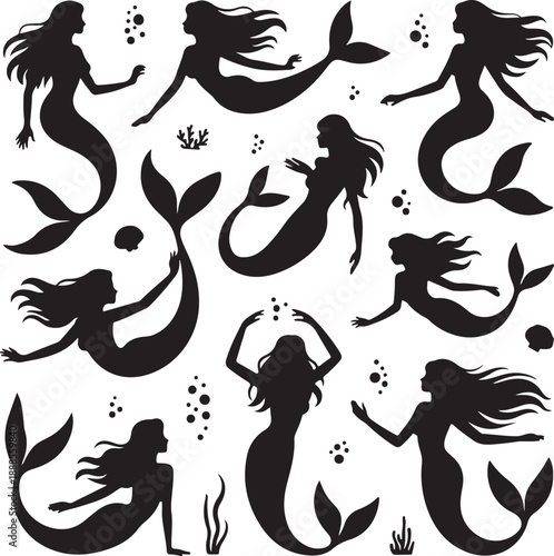 set of black silhouette mermaids on white background
