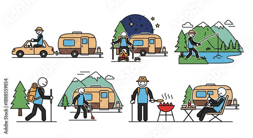 Camping and outdoor activities with RVs and nature scenes.