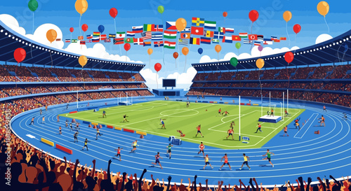 Vibrant stadium filled with spectators cheering on athletes during international track and field event