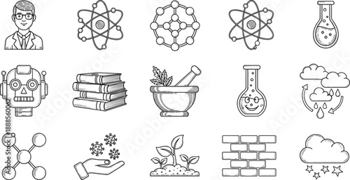 Hand drawn science icons set featuring scientist, atom models, laboratory flasks, robot head, chemistry books, mortar pestle, and biology research illustrations