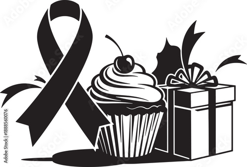 Black awareness ribbon, cupcake, and gift box commemoration vector Vector