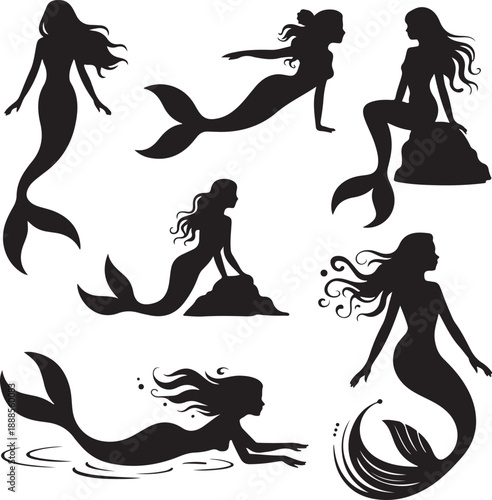 set of black silhouettes of mermaids in different poses and swimming