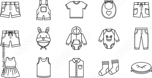 Line Art Icons Set of Baby Clothes, Apparel, and Accessories, Including Overalls, T-Shirts, and Footwear, Isolated Vector Outline Illustration on White Background