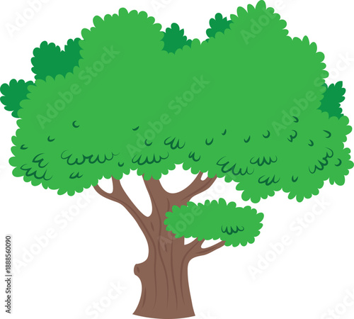 Vibrant green leafy tree with a sturdy brown trunk, a cheerful cartoon illustration representing nature, growth, and environmental beauty for various design projects and educational materials